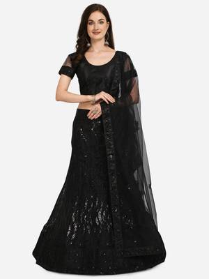 Black embroidered net semi stitched lehenga 1
