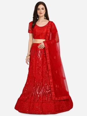 Red embroidered net semi stitched lehenga 1