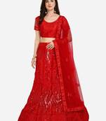Red embroidered net semi stitched lehenga