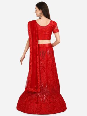 Red embroidered net semi stitched lehenga 2