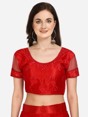 Red embroidered net semi stitched lehenga 3