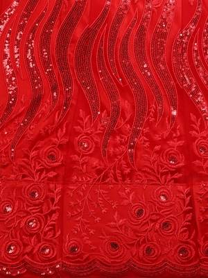 Red embroidered net semi stitched lehenga 4