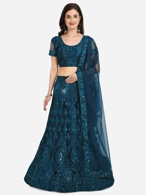 Blue embroidered net semi stitched lehenga 1