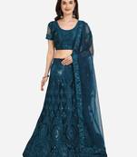 Blue embroidered net semi stitched lehenga