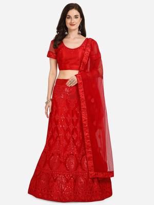 Red embroidered net semi stitched lehenga 1