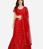 Red embroidered net semi stitched lehenga