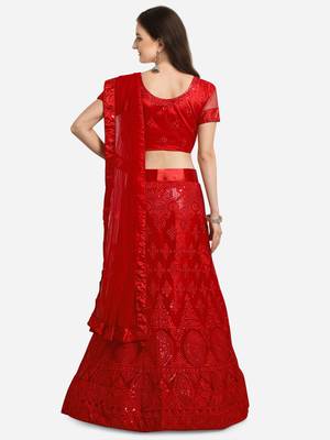 Red embroidered net semi stitched lehenga 2