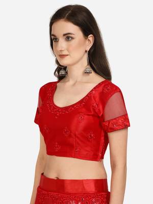 Red embroidered net semi stitched lehenga 3