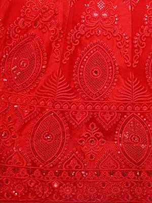 Red embroidered net semi stitched lehenga 4