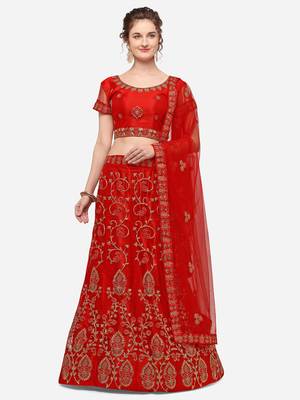 Red embroidered net semi stitched lehenga 1