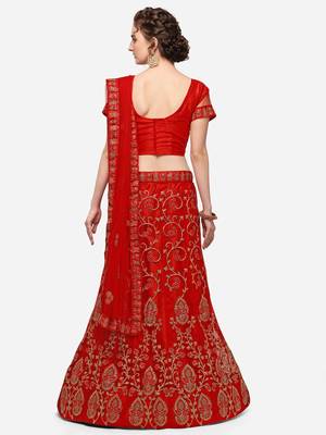 Red embroidered net semi stitched lehenga 2