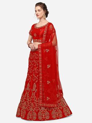 Red embroidered net semi stitched lehenga 3