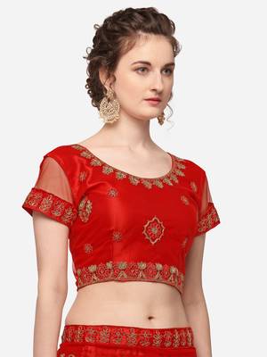Red embroidered net semi stitched lehenga 4