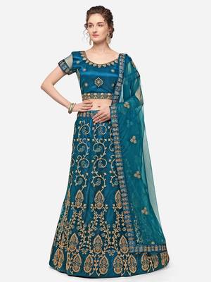 Blue embroidered net semi stitched lehenga 1