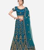 Blue embroidered net semi stitched lehenga