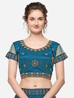 Blue embroidered net semi stitched lehenga 4