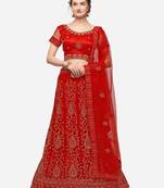 Red embroidered net semi stitched lehenga
