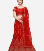 Red embroidered net semi stitched lehenga