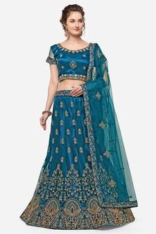Teal embroidered net semi stitched lehenga