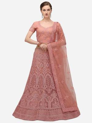 Peach embroidered net semi stitched lehenga 1