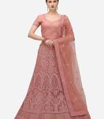 Peach embroidered net semi stitched lehenga
