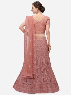 Peach embroidered net semi stitched lehenga 2