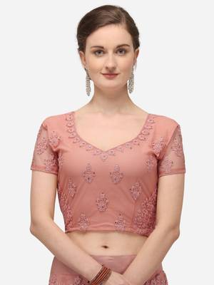 Peach embroidered net semi stitched lehenga 3