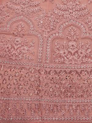 Peach embroidered net semi stitched lehenga 4