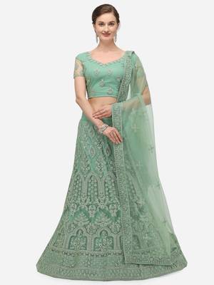 Light-green embroidered net semi stitched lehenga 1