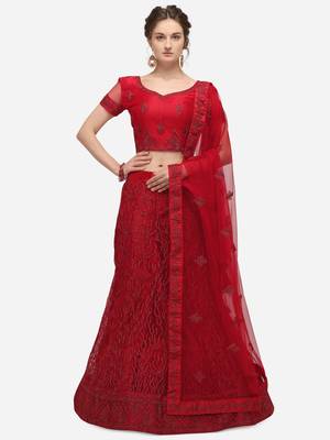 Red embroidered net semi stitched lehenga 1