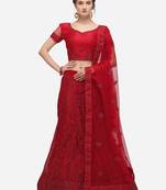 Red embroidered net semi stitched lehenga