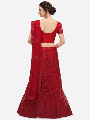 Red embroidered net semi stitched lehenga 2