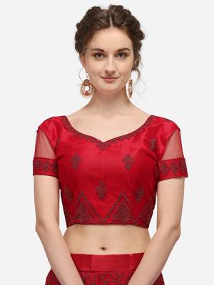 Red embroidered net semi stitched lehenga 3