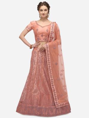 Peach embroidered net semi stitched lehenga 1