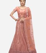 Peach embroidered net semi stitched lehenga