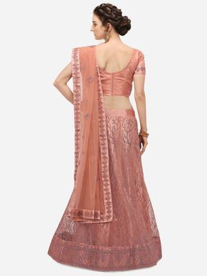 Peach embroidered net semi stitched lehenga 2