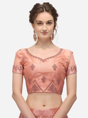 Peach embroidered net semi stitched lehenga 3