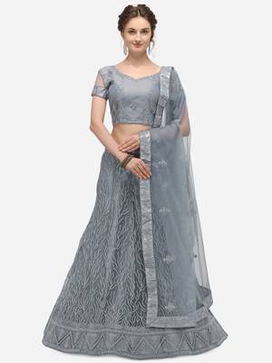 Grey embroidered net semi stitched lehenga 1