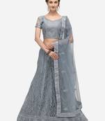 Grey embroidered net semi stitched lehenga