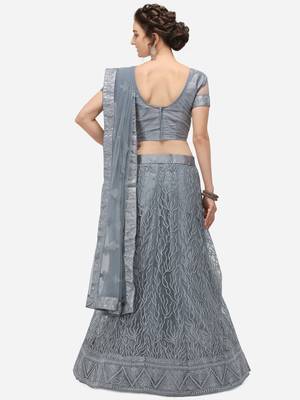 Grey embroidered net semi stitched lehenga 2