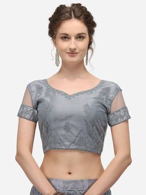 Grey embroidered net semi stitched lehenga 3