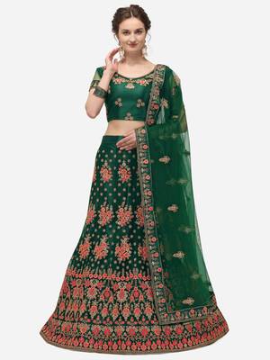 Green embroidered net semi stitched lehenga 1