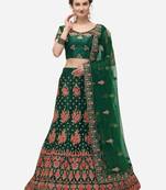 Green embroidered net semi stitched lehenga