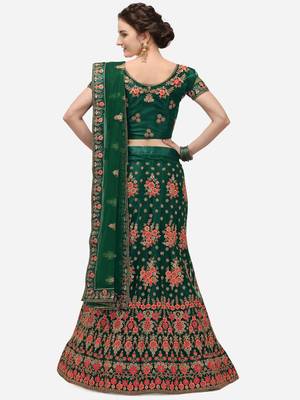 Green embroidered net semi stitched lehenga 2