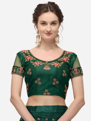 Green embroidered net semi stitched lehenga 3