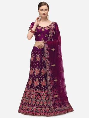 Purple embroidered net semi stitched lehenga 1
