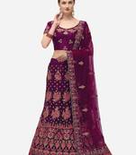 Purple embroidered net semi stitched lehenga