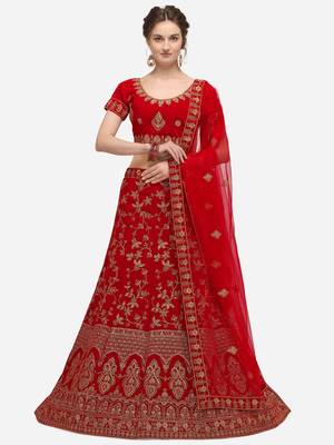Red embroidered velvet semi stitched lehenga 1