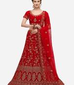 Red embroidered velvet semi stitched lehenga