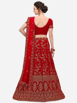 Red embroidered velvet semi stitched lehenga 2